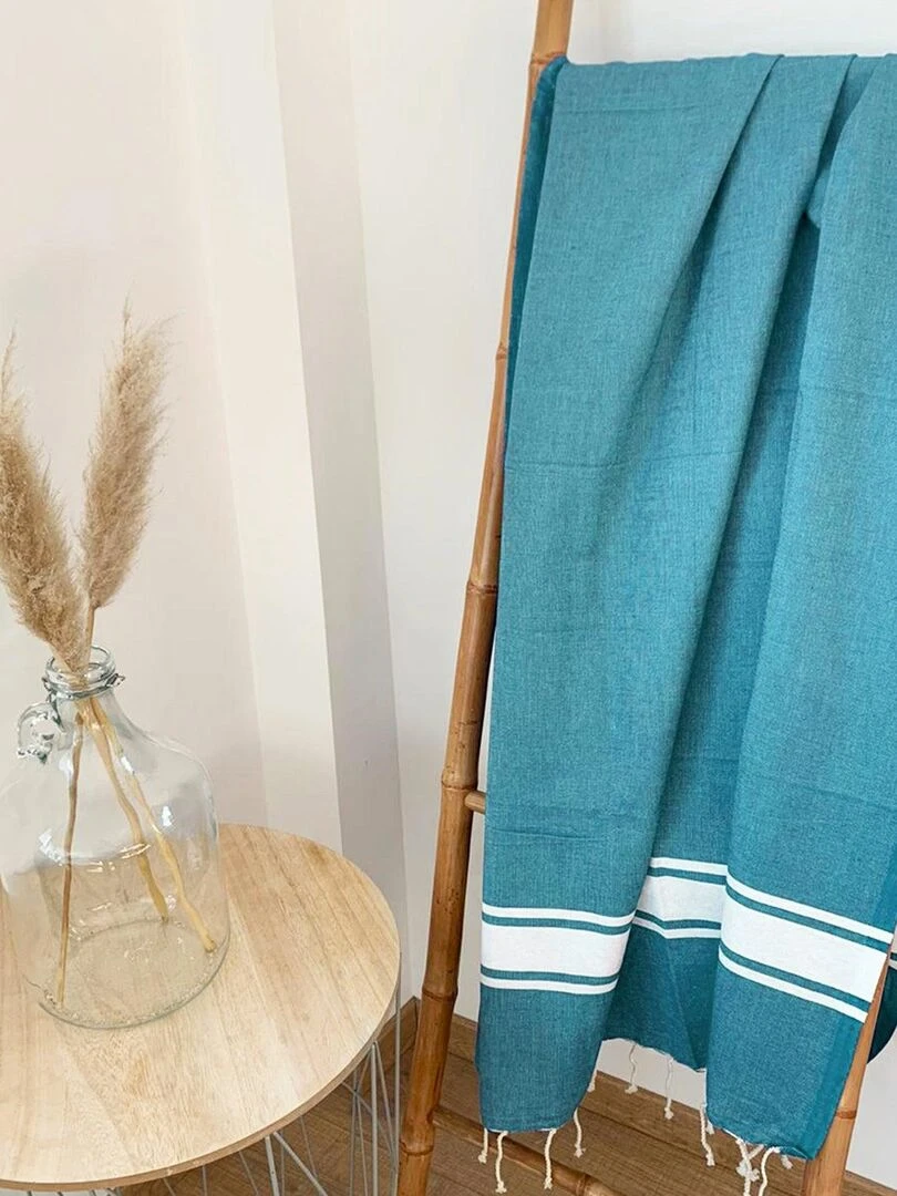 Serviette de plage Fouta traditionnelle Kozo Tile 100x200 190g/m² Bleu canard