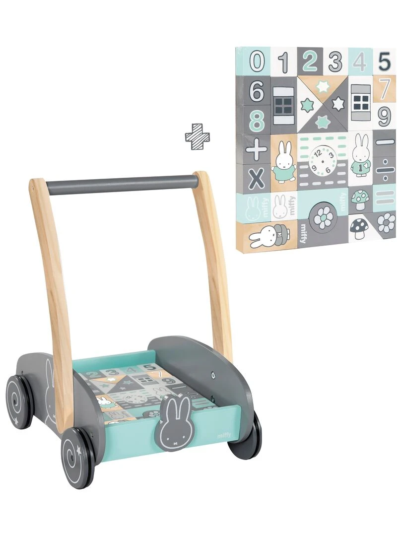 ROBA Trotteur Bébé "Miffy®" en Bois avec Frein et Blocs de Construction Dès 12 Mois Gris Vert clair Blanc