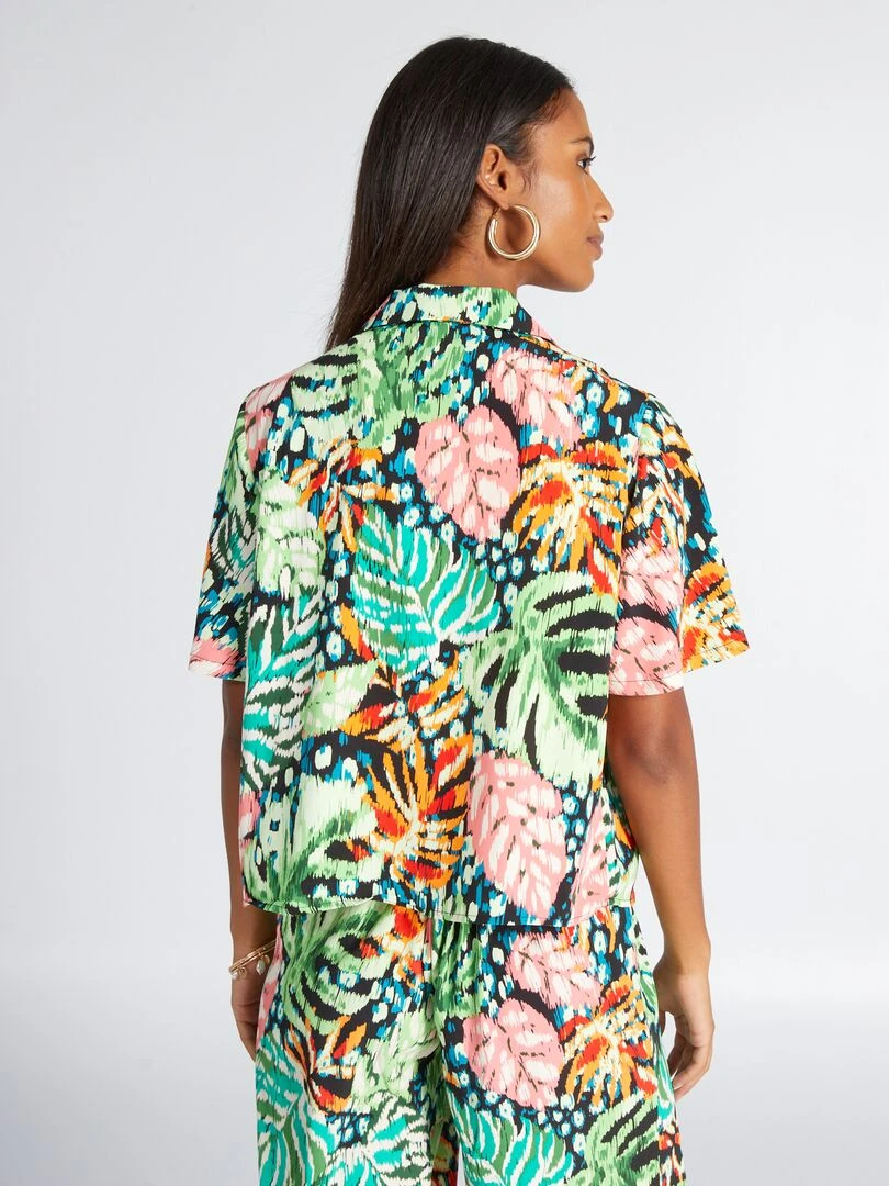 Chemisier col pyjama et imprimé tropical   Vert tropical
