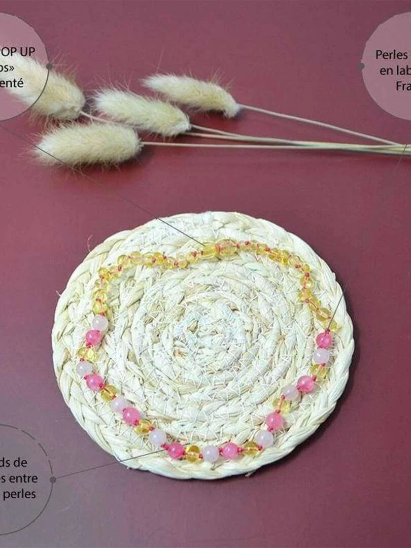 Collier bébé   Ambre et pierres naturelles   Ambre Lemon/Quartz rose/Calcédoine   Rose