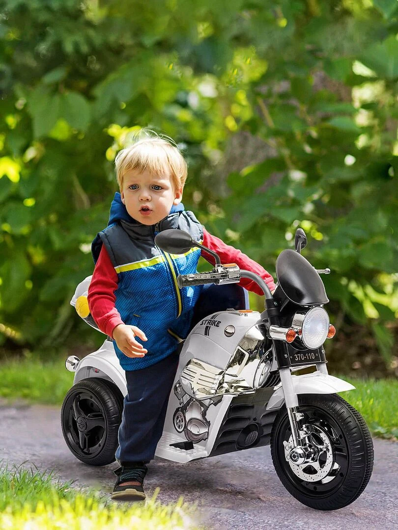 Moto électrique pour enfants scooter 3 roues 6 V 3 Km/h effets lumineux et sonores top case   Blanc