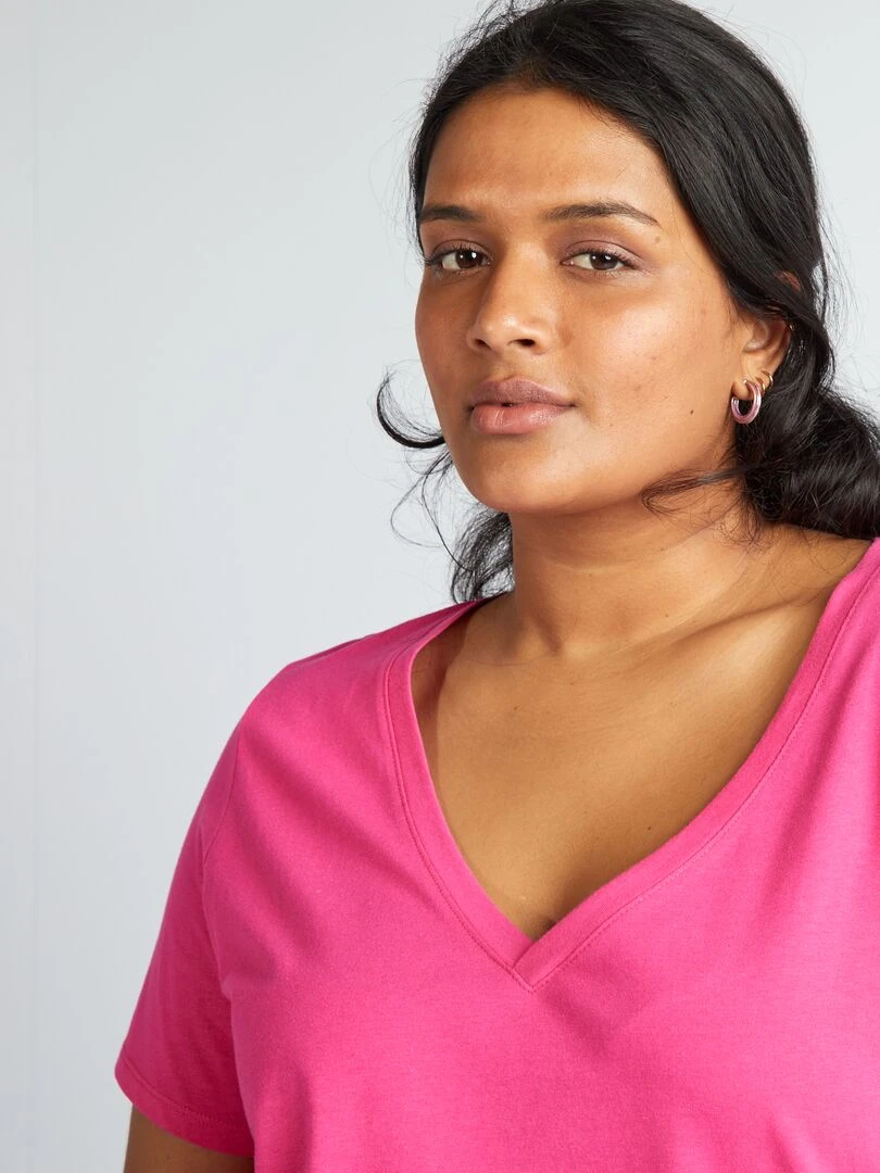 T shirt en jersey à col V   Rose