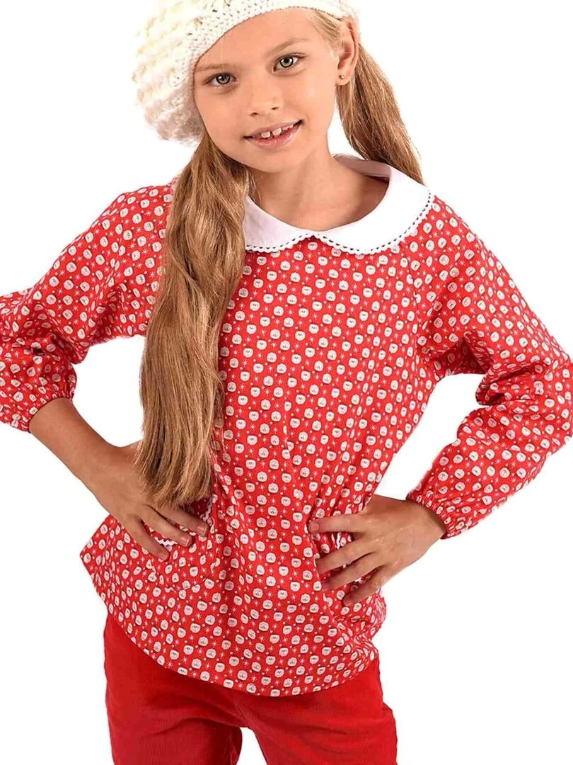 Blouse de Noël Fille  Rouge Blanc  Col Claudine   'LA FAUTE A VOLTAIRE'   Rouge
