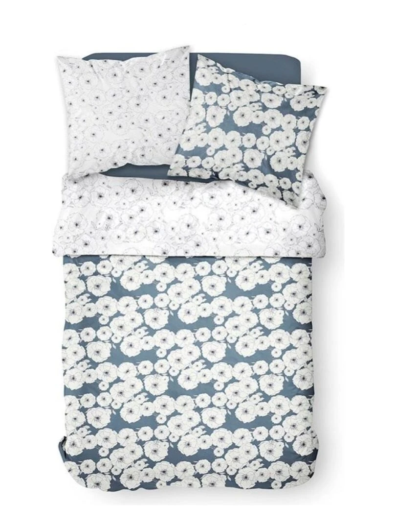 Housse de couette Sunshine Fleur bleue + taie(s) 100% coton 57 fils Blanc