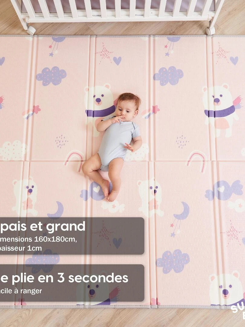 Tapis de Jeu en mousse  épais et pliable pour enfants   PINK PANDA XL   SUPERBE BEBE   Blanc Rose