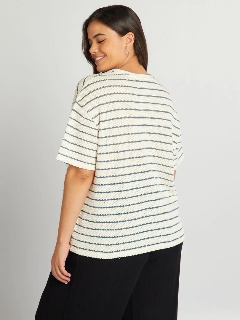 T shirt en maille pointelle à rayures   Beige/bleu