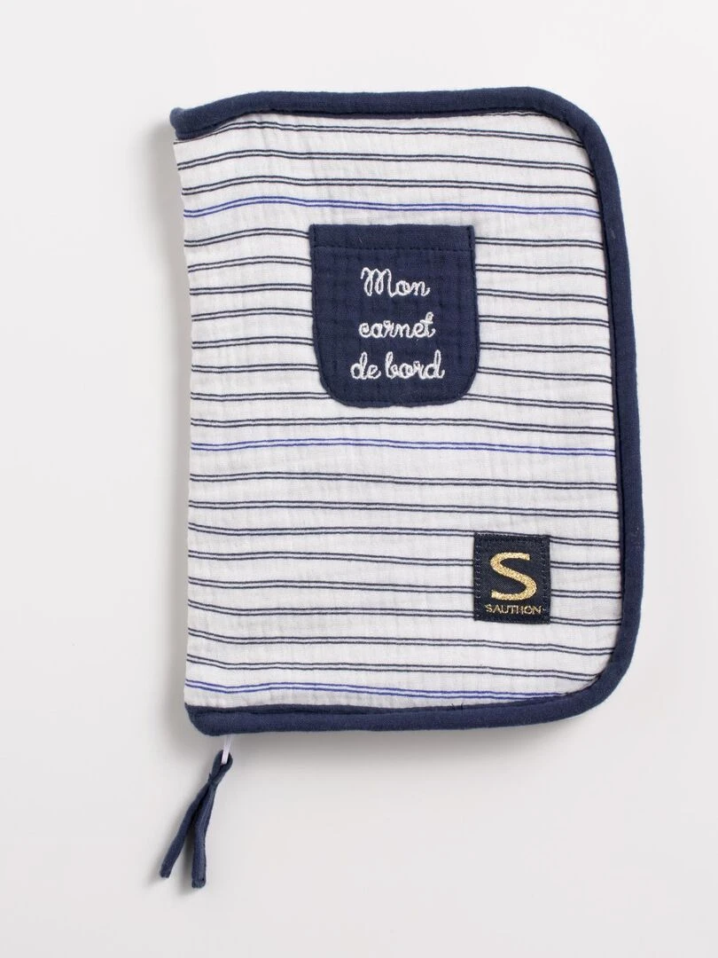 Protège carnet de santé en double gaze de coton marinière SAUTHON Blanc Bleu