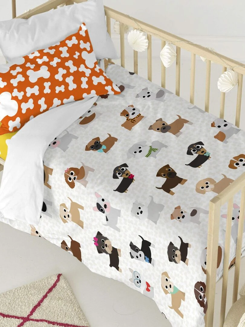 Parure housse de couette 2 pièces Dogs Berceau "Happyfriday" Gris Marron