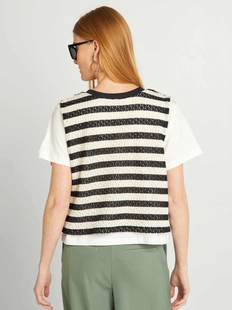 T shirt + pull sans manches effet 2 en 1   Blanc/noir