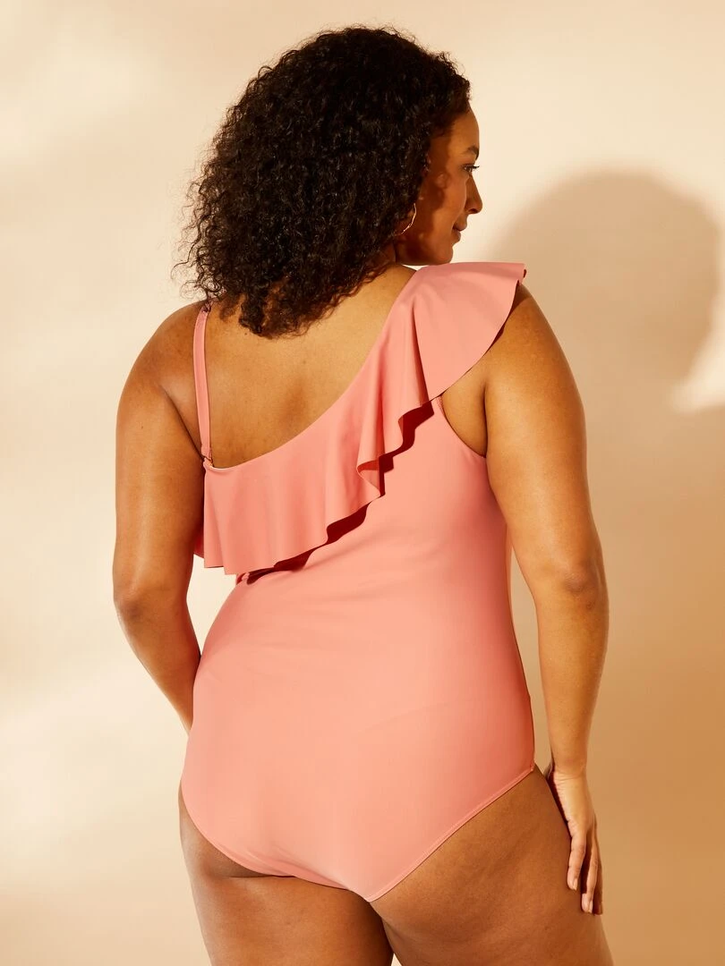 Maillot de bain asymétrique à volants   1 pièce   Rose