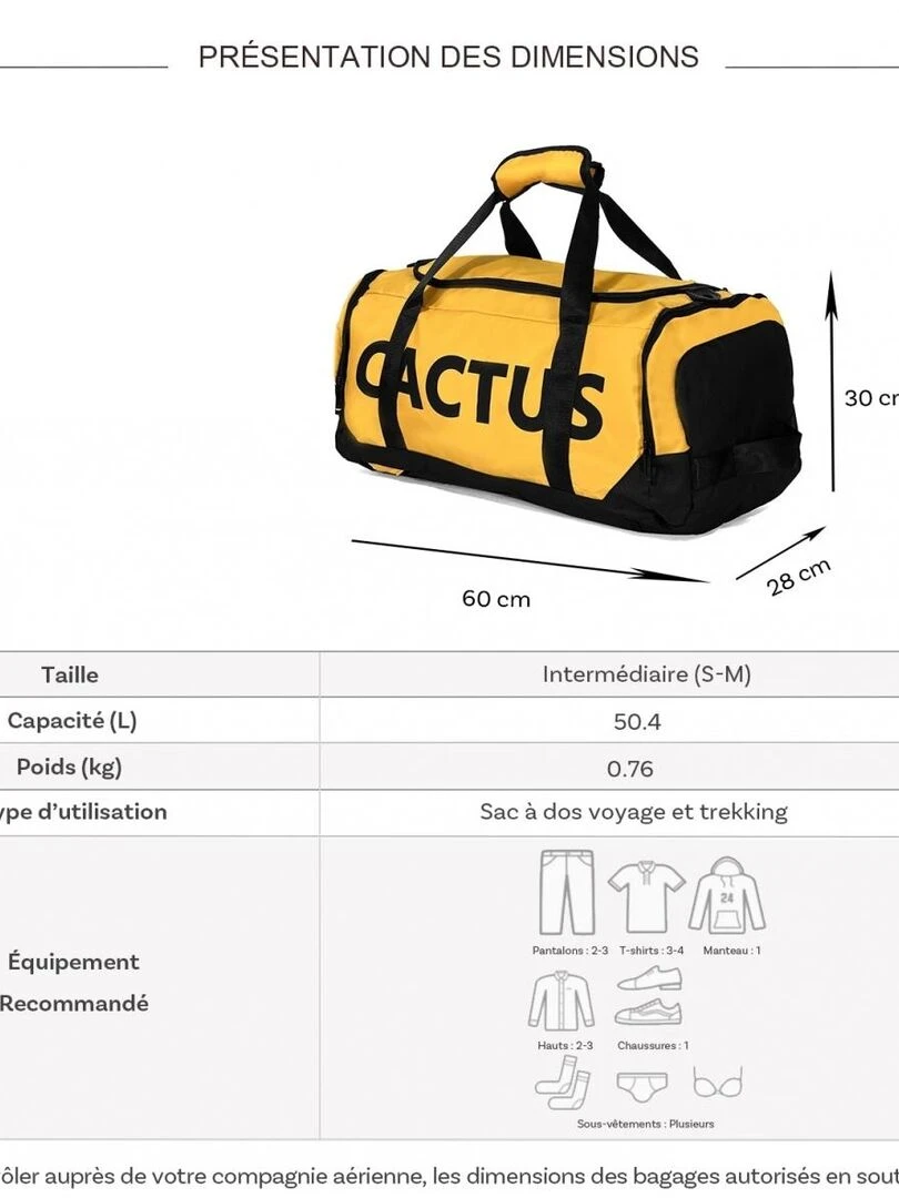 Sac de voyage week end et sport 50L 2en1 porté dos sa Jaune