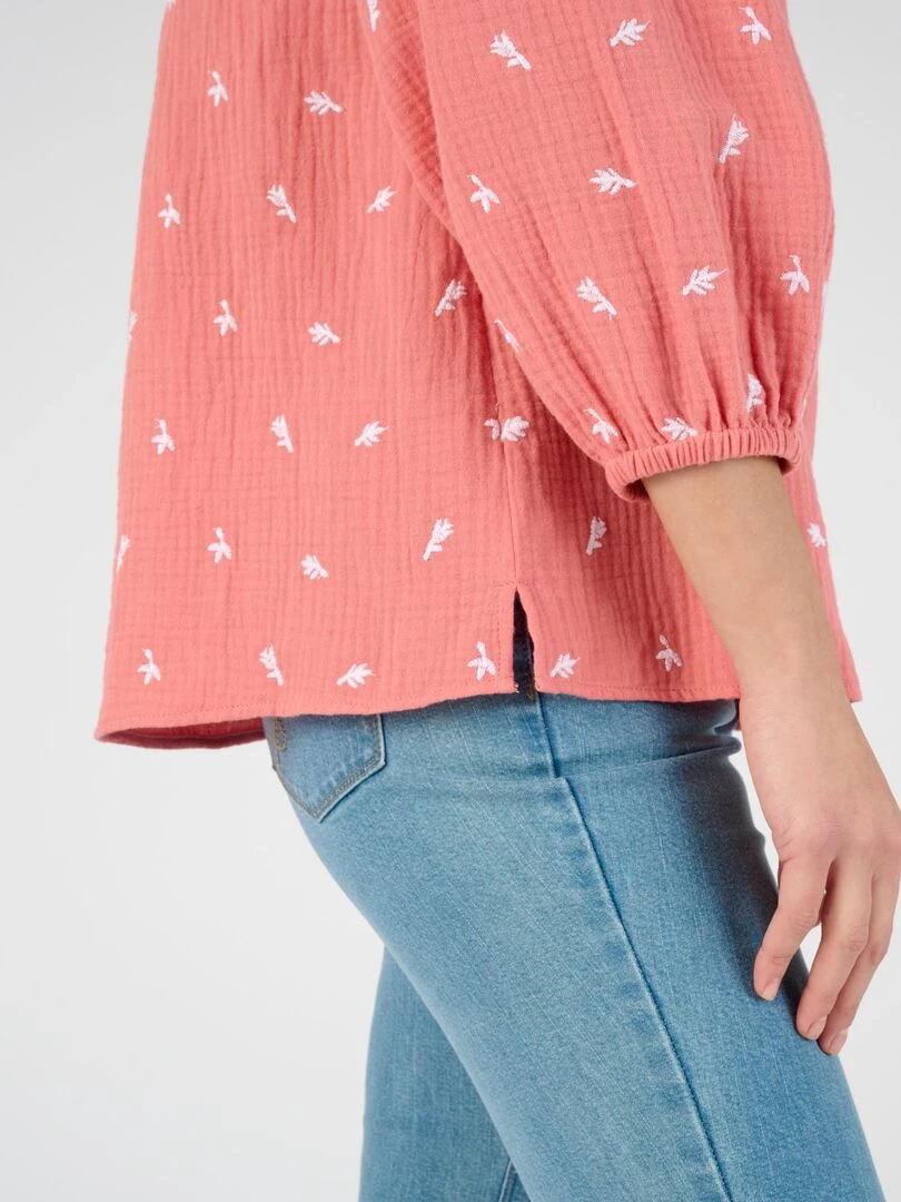 Blouse gaze de coton brodée   Damart   Rose