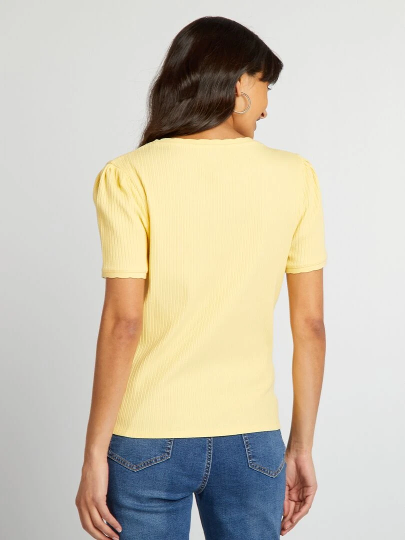 T shirt côtelé à col plongeant   Jaune pâle