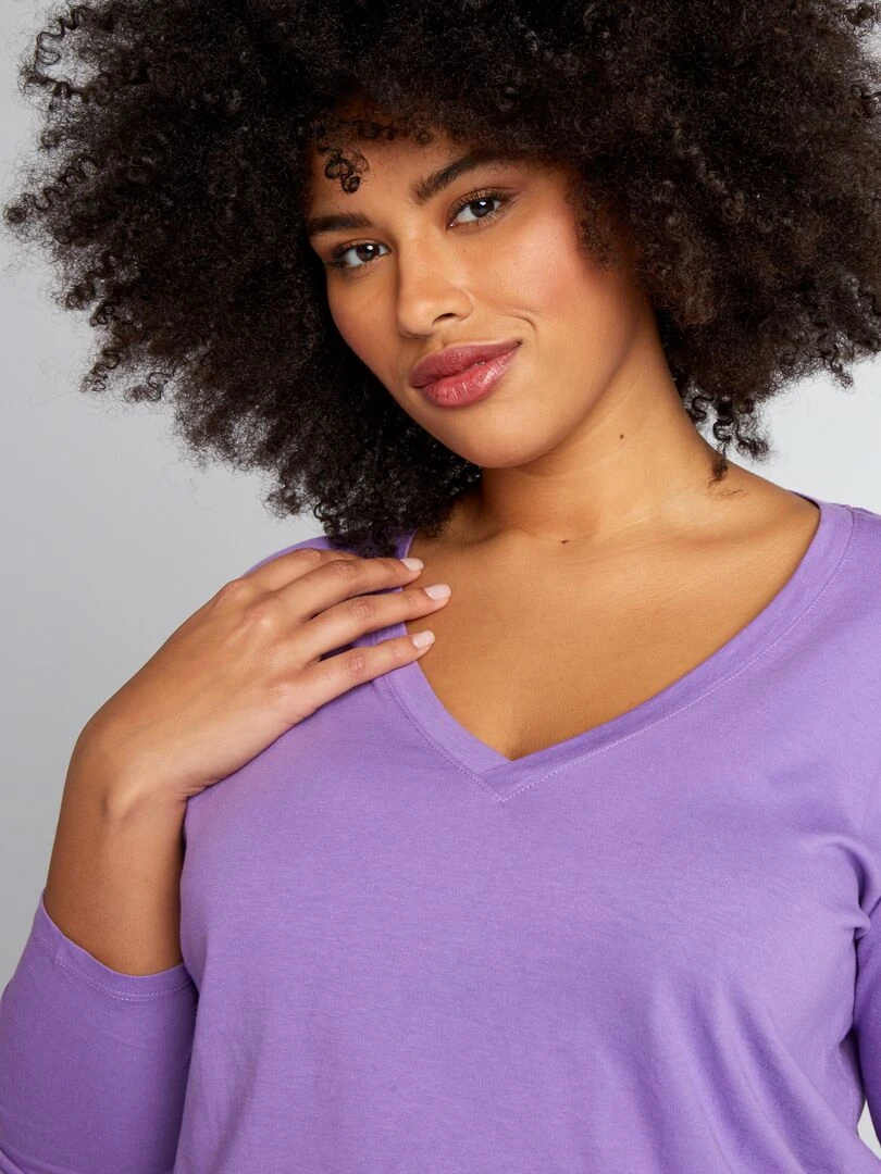 Tee shirt basique manches longues et col V   Violet