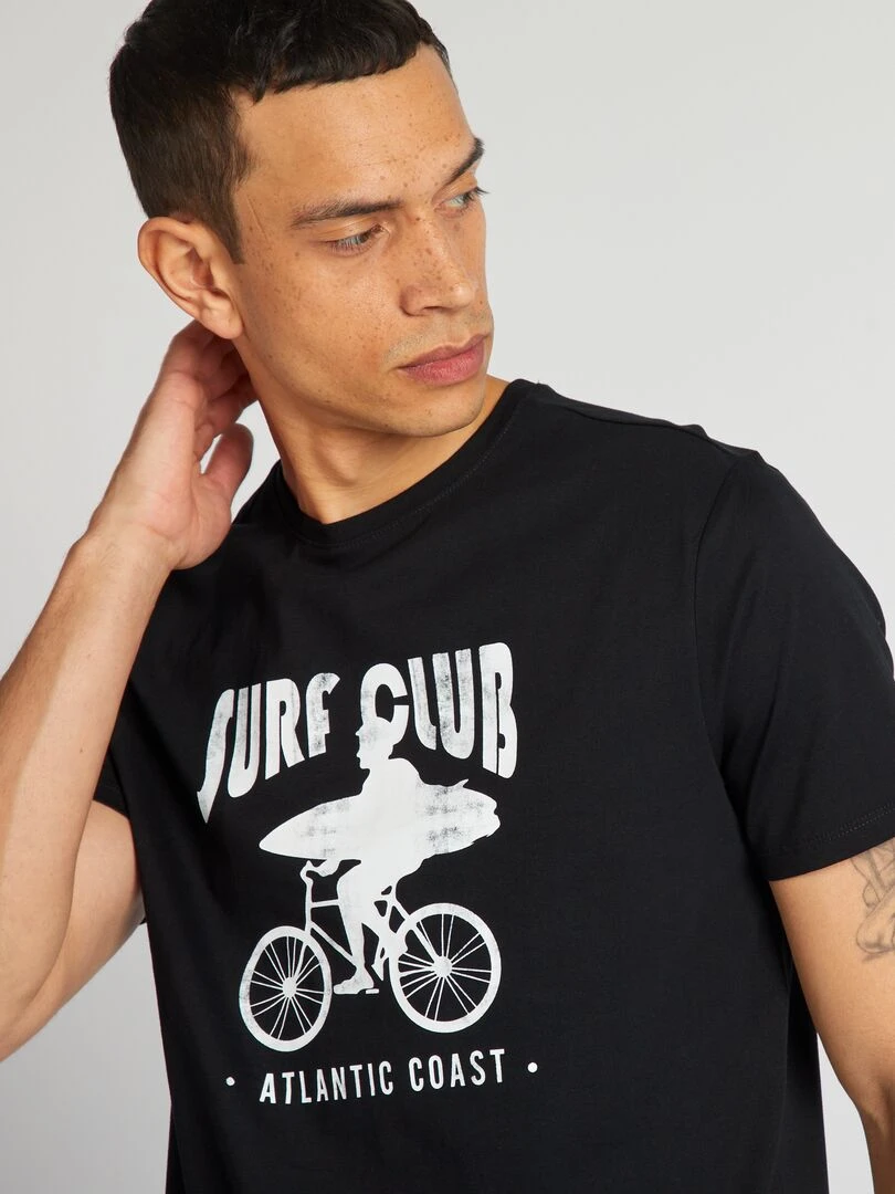 T shirt en coton imprimé à col rond   Noir 'surf club'