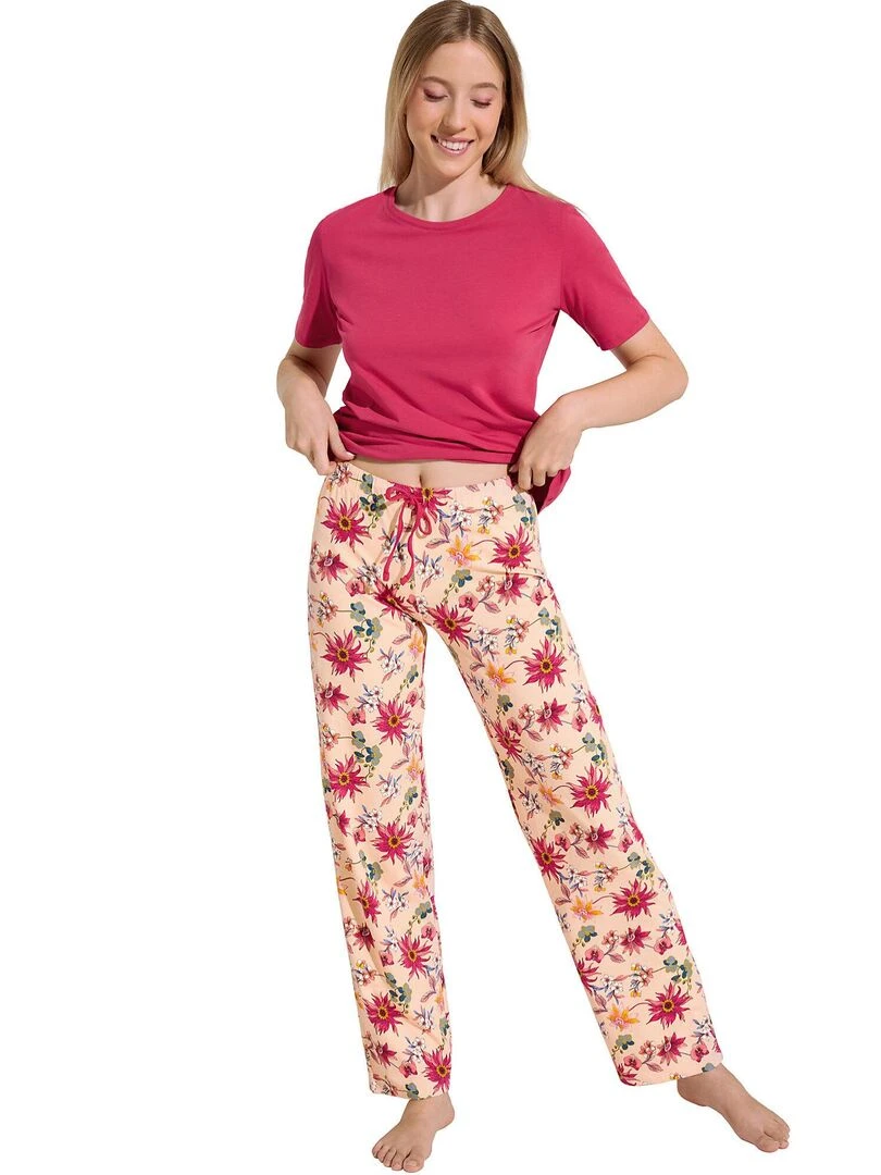 Pyjama pantalon t shirt manches courtes Flowers Orange