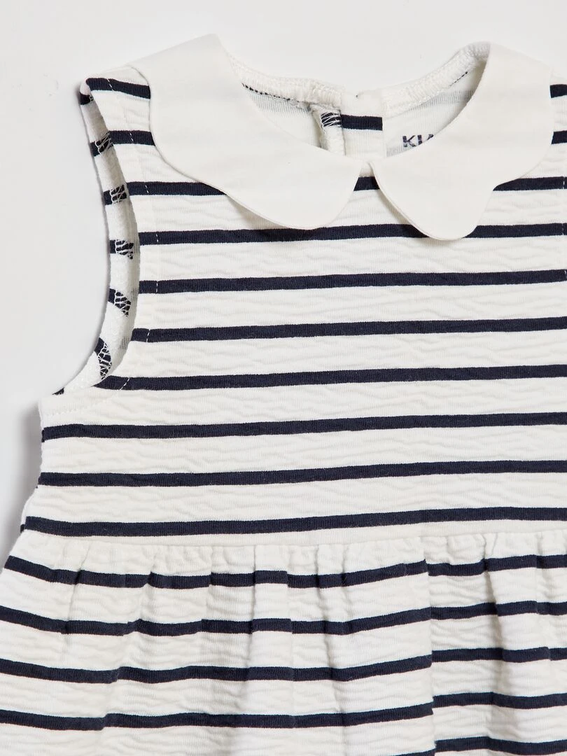Robe en maille froissée à col claudine Blanc rayé