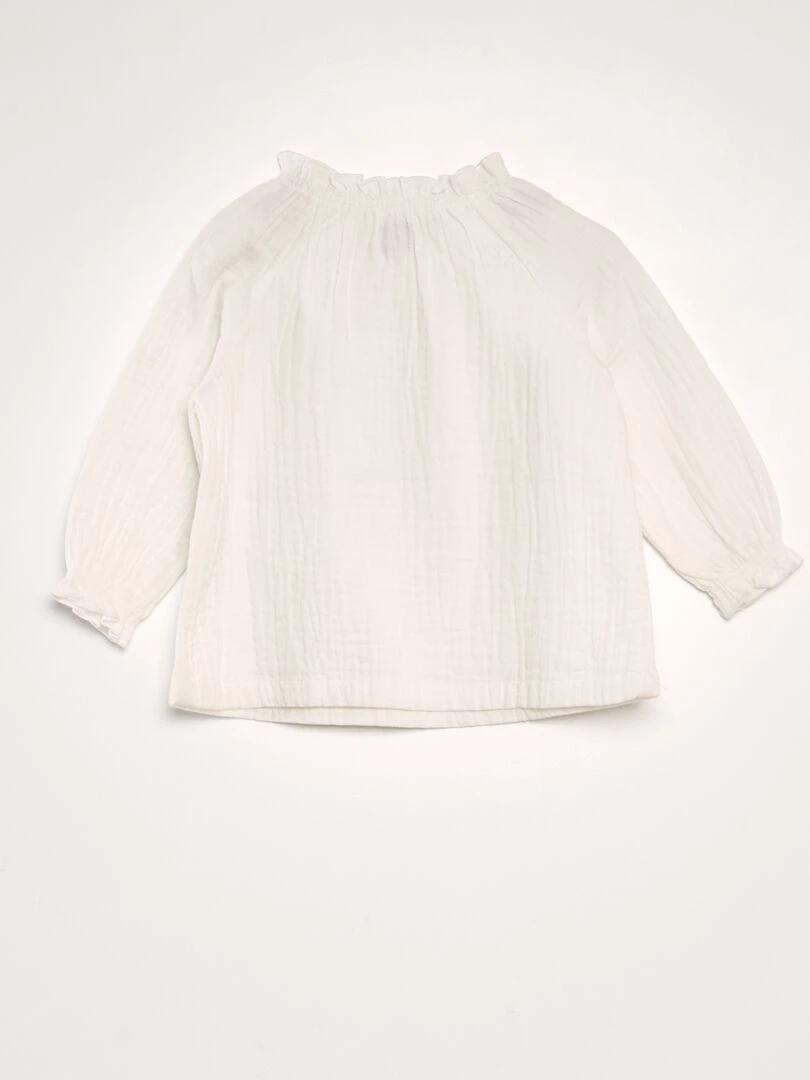 Blouse manches longues col volantée blanc