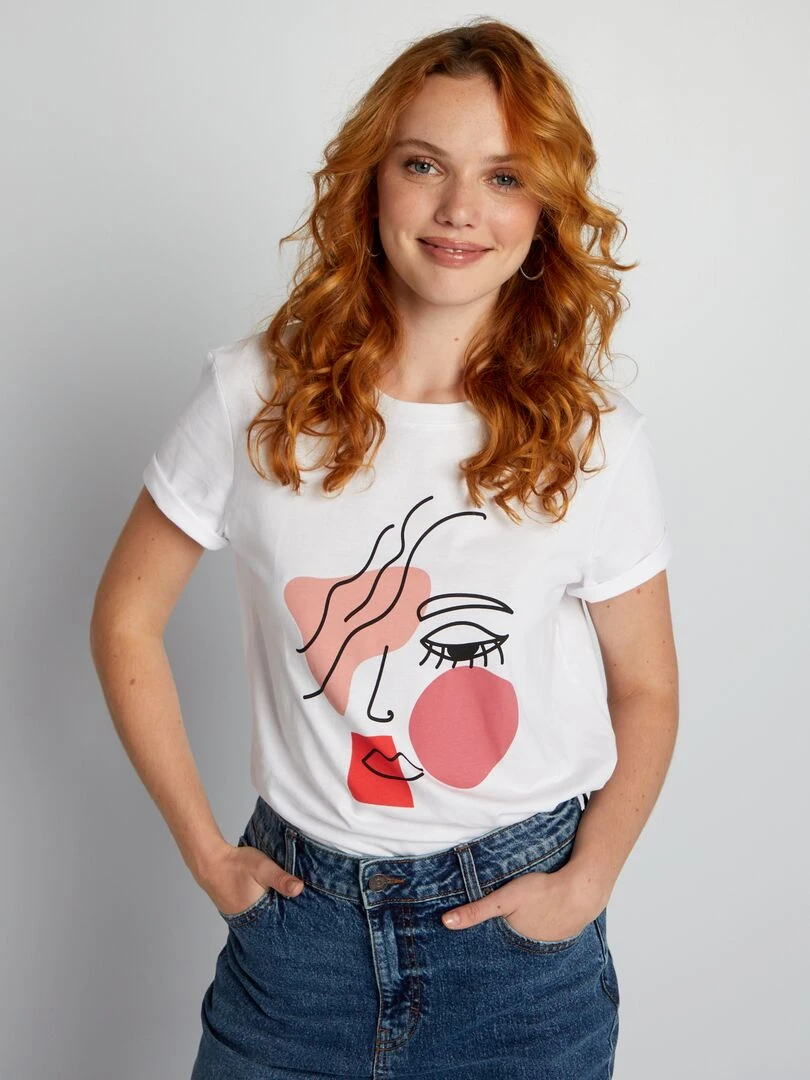 T shirt en jersey imprimé Blanc 'visage'