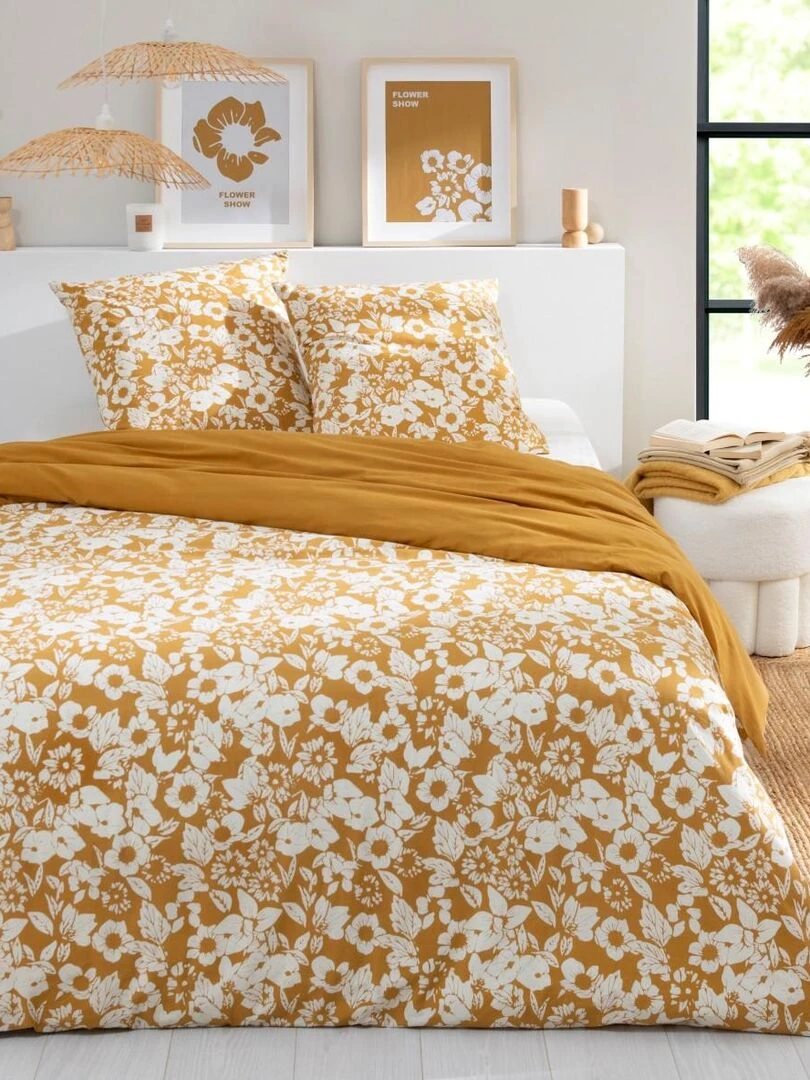 Future Home Parure de lit 2 personnes en coton 57 fils imprimé miel Jaune
