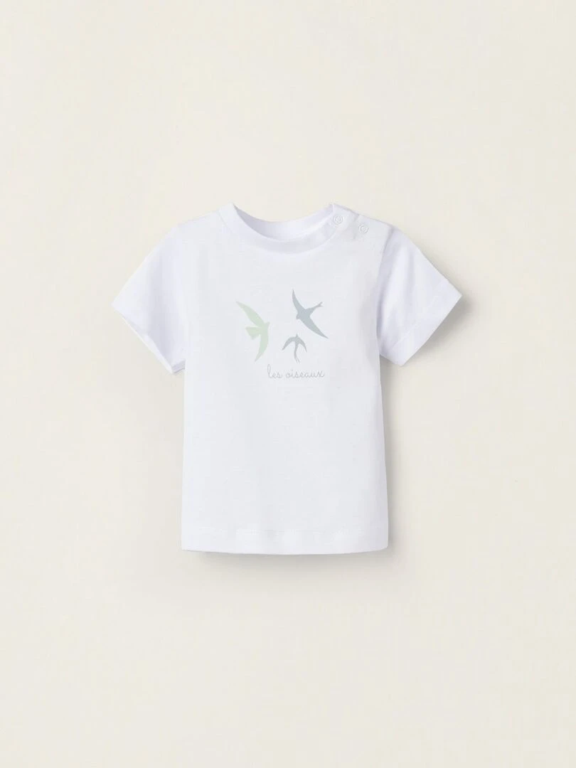 T Shirt En Coton Pour Nouveau Né 'Oiseau' manches courtes Blanc