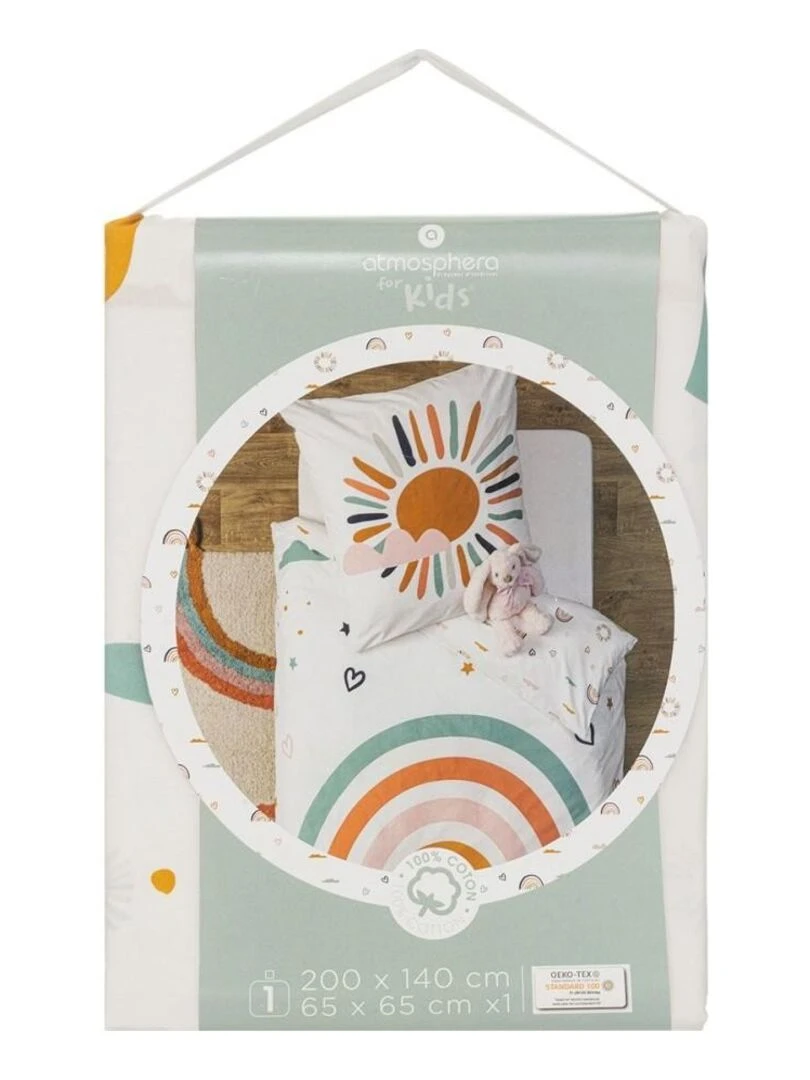 Housse de couette enfant 140x200 Arc en ciel + taie coton Blanc