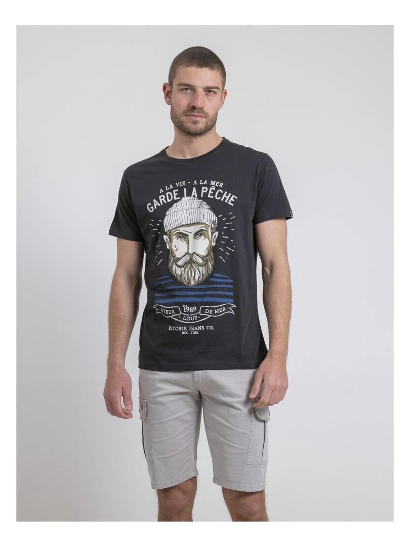 T shirt col rond pur coton NOULANDY gris anthracite