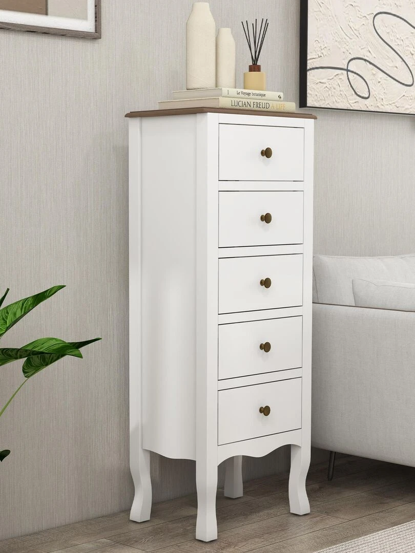 Chiffonnier 5 tiroirs design néo rétro MDF bois blanc Blanc