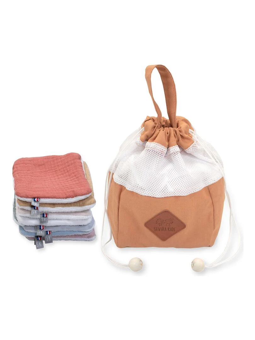 Pochon distributeur et ses 8 lingettes lavables Jeanne Marron noisette