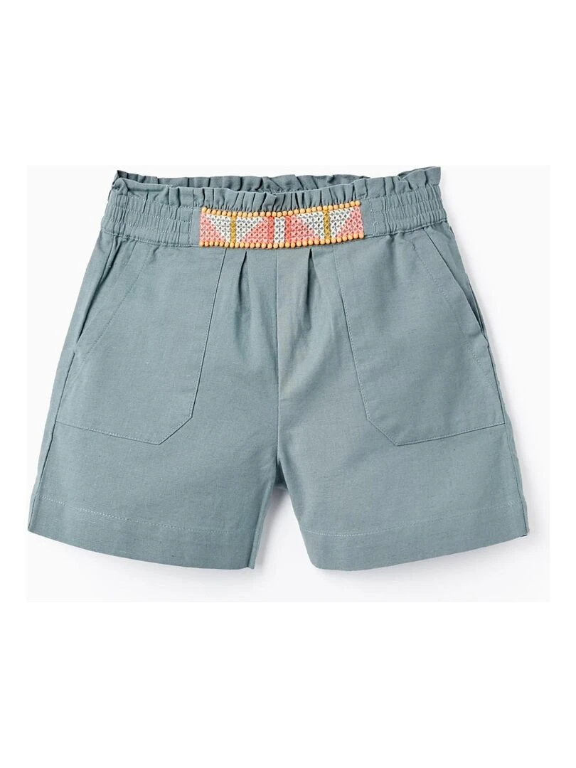 Shorts En Coton Et Lin Avec Broderies Et Perles Pour Fille Vert