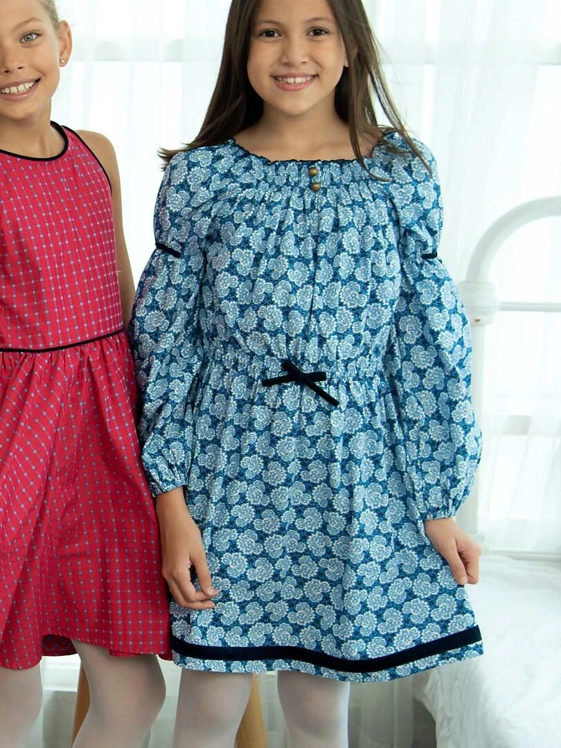 Robe Intersaison Fleurie Roi Fille Col Smocks CHIMENE 'LA FAUTE A VOLTAIRE' Bleu Blanc Bleu