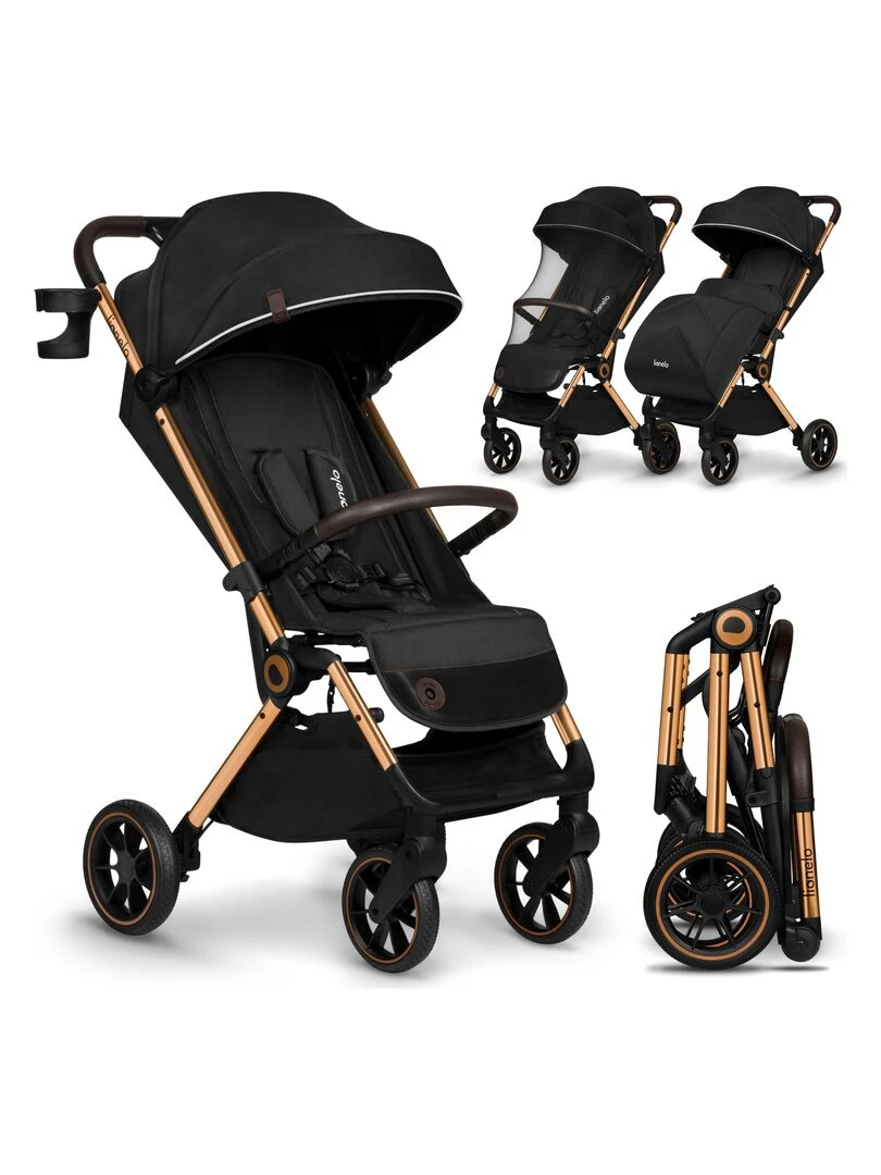 LIONELO Cloe Poussette bébé compacte Jusqu'à 22 Kg Légère & pliable Grandes Roues Noir Noir Doré