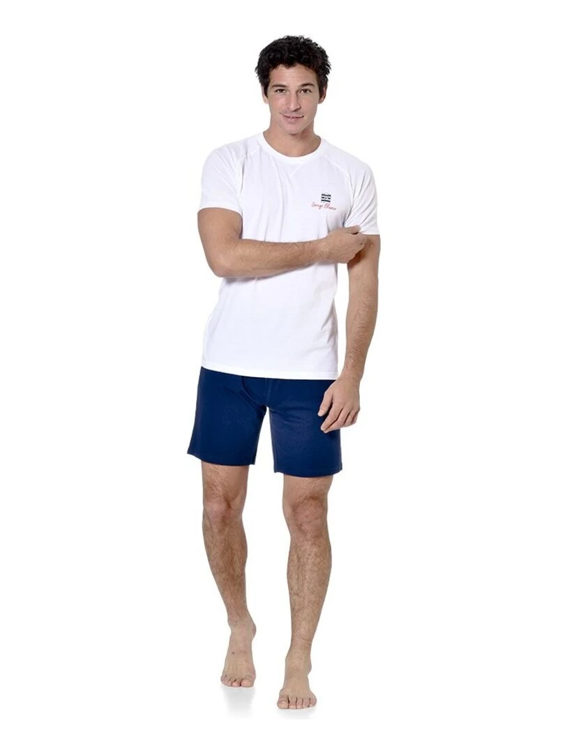 Ensemble pyjama court homme avec t shirt col V Dom Serge Blanco Blanc Bleu