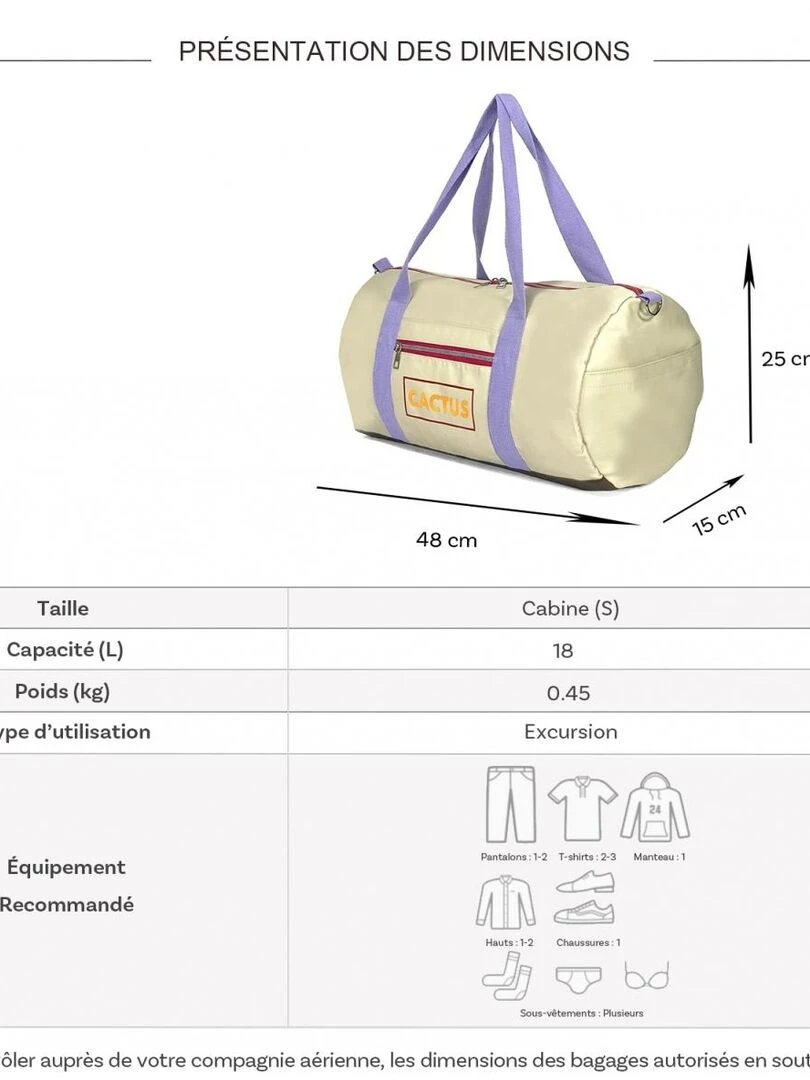 Sac de voyage week end 18L et sport sans roulettes Beige