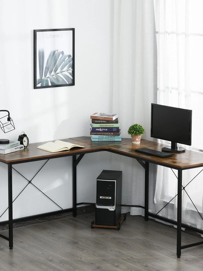 Bureau d'angle informatique design industriel aspect vieux bois métal noir Marron