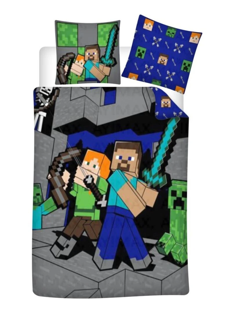 Parure de Lit Enfant Réversible Polycoton Gamer Creeper Bleu
