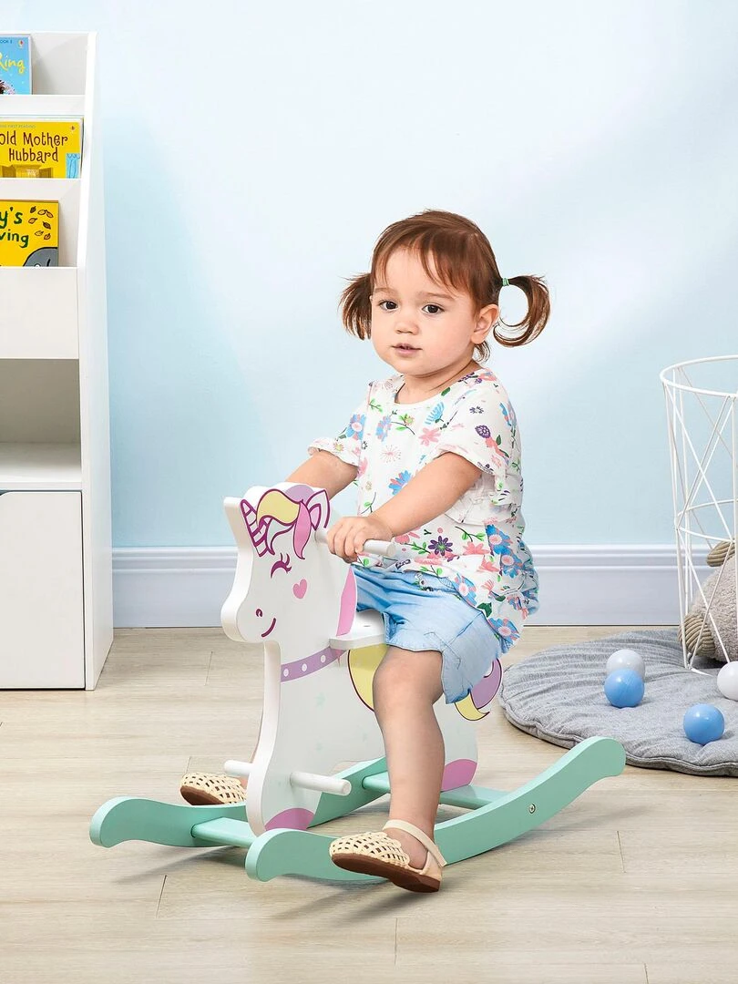 Cheval à bascule licorne poignées repose pied butées bois   Blanc