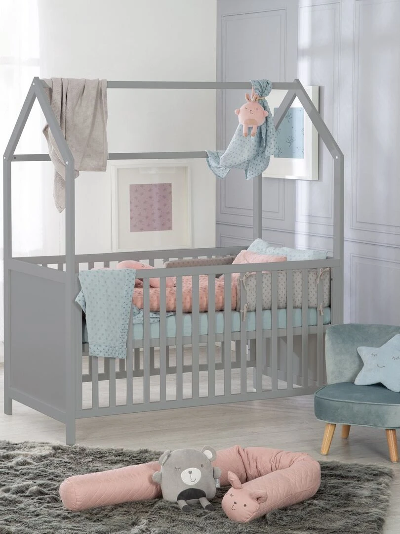 ROBA Lit Cabane Bébé Évolutif 70x140 Certifié FSC Convertible Hauteur Réglable Bois Gris Gris