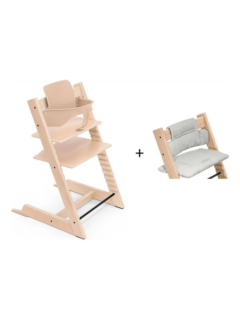 Chaise haute Tripp Trapp naturel coussin Nordic grey et babyset Marron