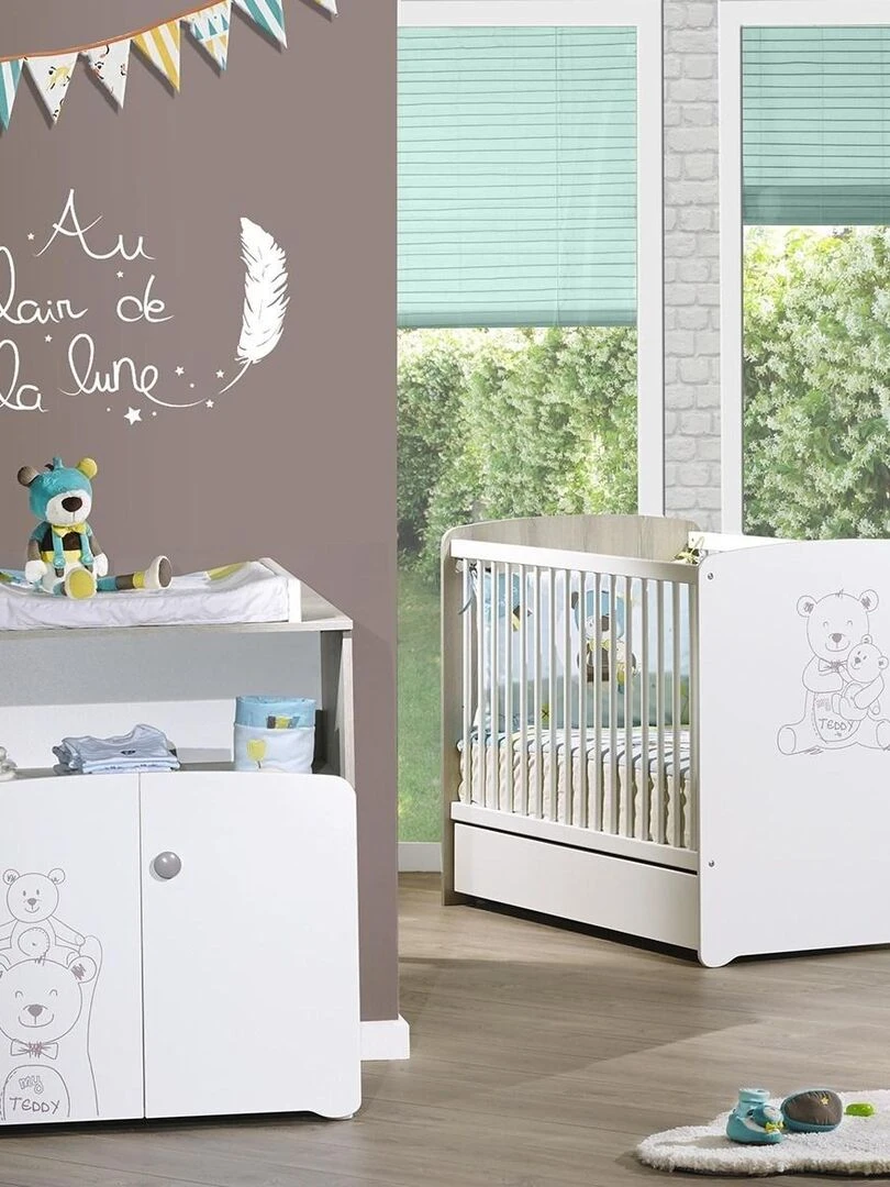 Chambre duo lit et Commode à langer en bois blanc BABYPRICE Blanc