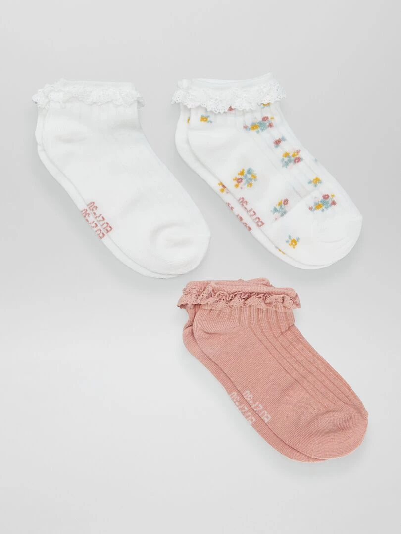 Lot de 3 socquettes avec dentelle Blanc/rose