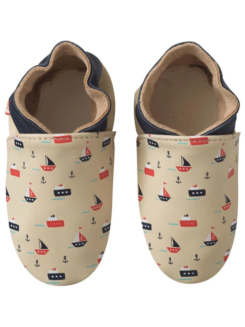 Chaussons bébé cuir souple Baptiste les bateaux Beige