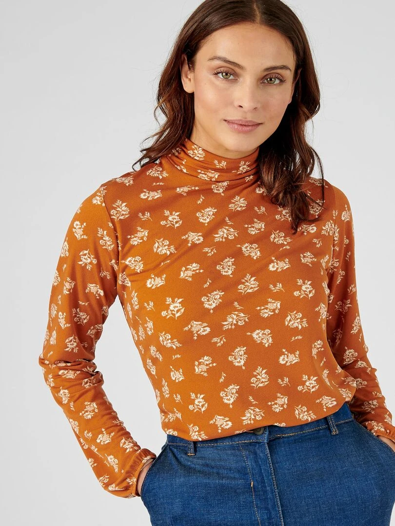 Tee shirt col montant imprimé manches longues Damart Orange