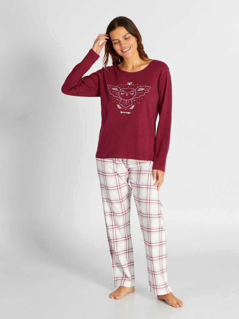 Pyjama long t shirt + pantalon en flanelle   2 pièces   Rouge