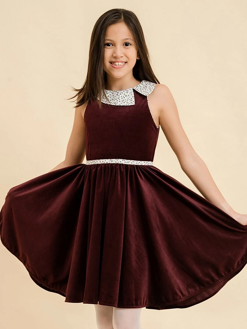 Robe Qui Tourne Fille Velours Bdx Col Fleuri HEPBURN 'LA FAUTE A VOLTAIRE' Rouge