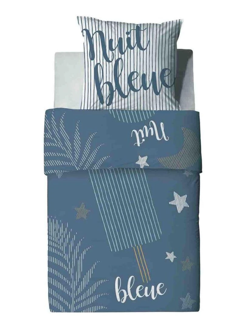 Housse de couette 140x200 cm + 1 taie d'oreiller 65x65 cm 100% Coton 47 fils Nuit Bleue   Bleu nuit