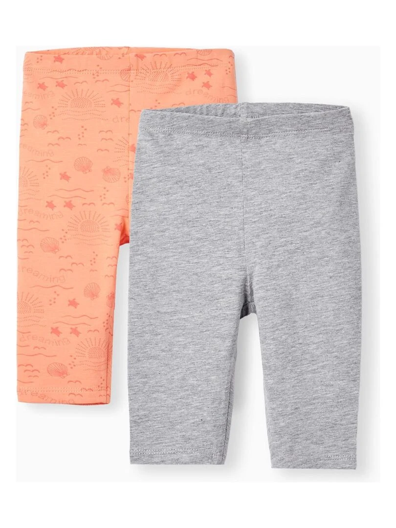 2 Leggings Courts en Coton pour Bébé Fille Blanc Orange clair