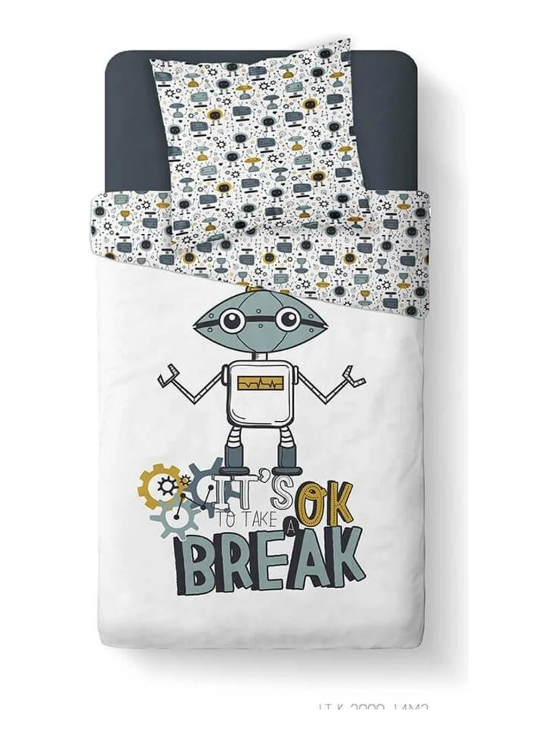 Housse de couette 140x200 Kids Kool Robot + 1 taie 100% coton 57 fils Blanc