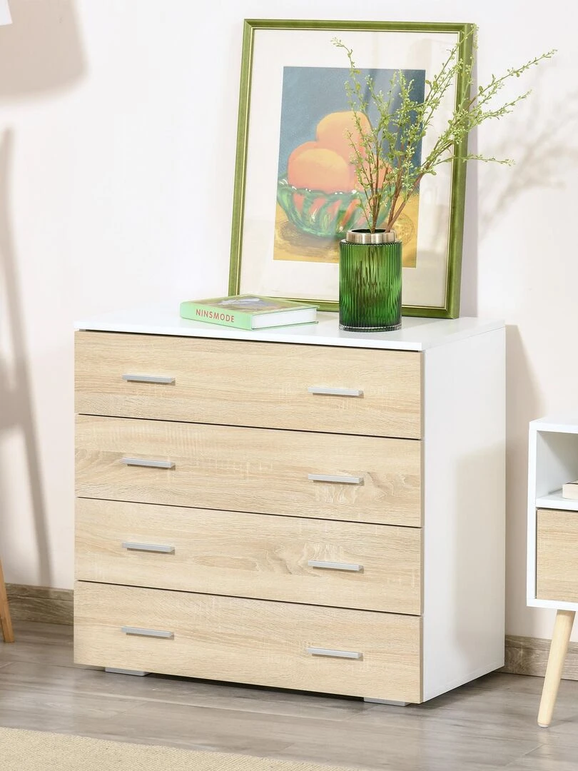 Commode de rangement 4 tiroirs 76 x 35 x 72 cm blanc et couleur bois   Blanc