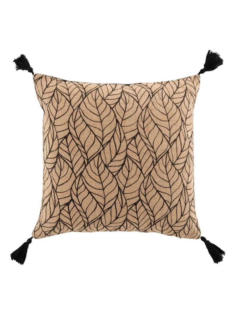 Coussin déhoussable en jute imprimé feuilles Noir